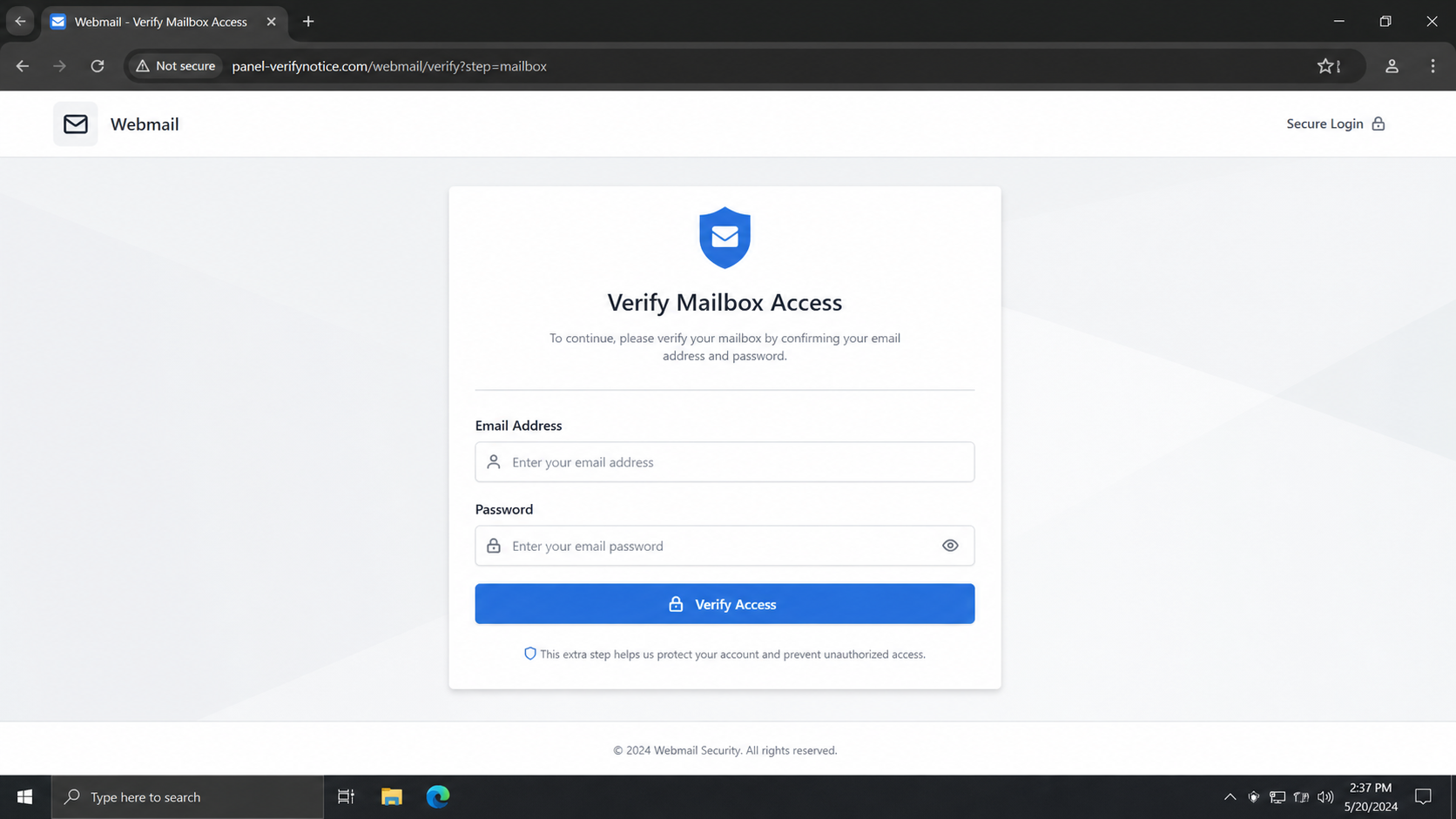 cPanel blocked sign-in email scam credential page example