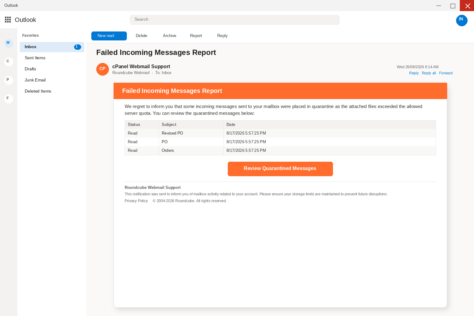 cPanel Failed Incoming Messages Email EXPOSED: Fake Quarantine Alerts Steal Logins 1 Outlook view of a Failed Incoming Messages Report email with a Review Quarantined Messages button and a table of quarantined purchase orders