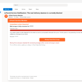 Outlook view of a cPanel service notification that mail storage is exhausted, with a Manage Email Disk Usage button and a full quota bar