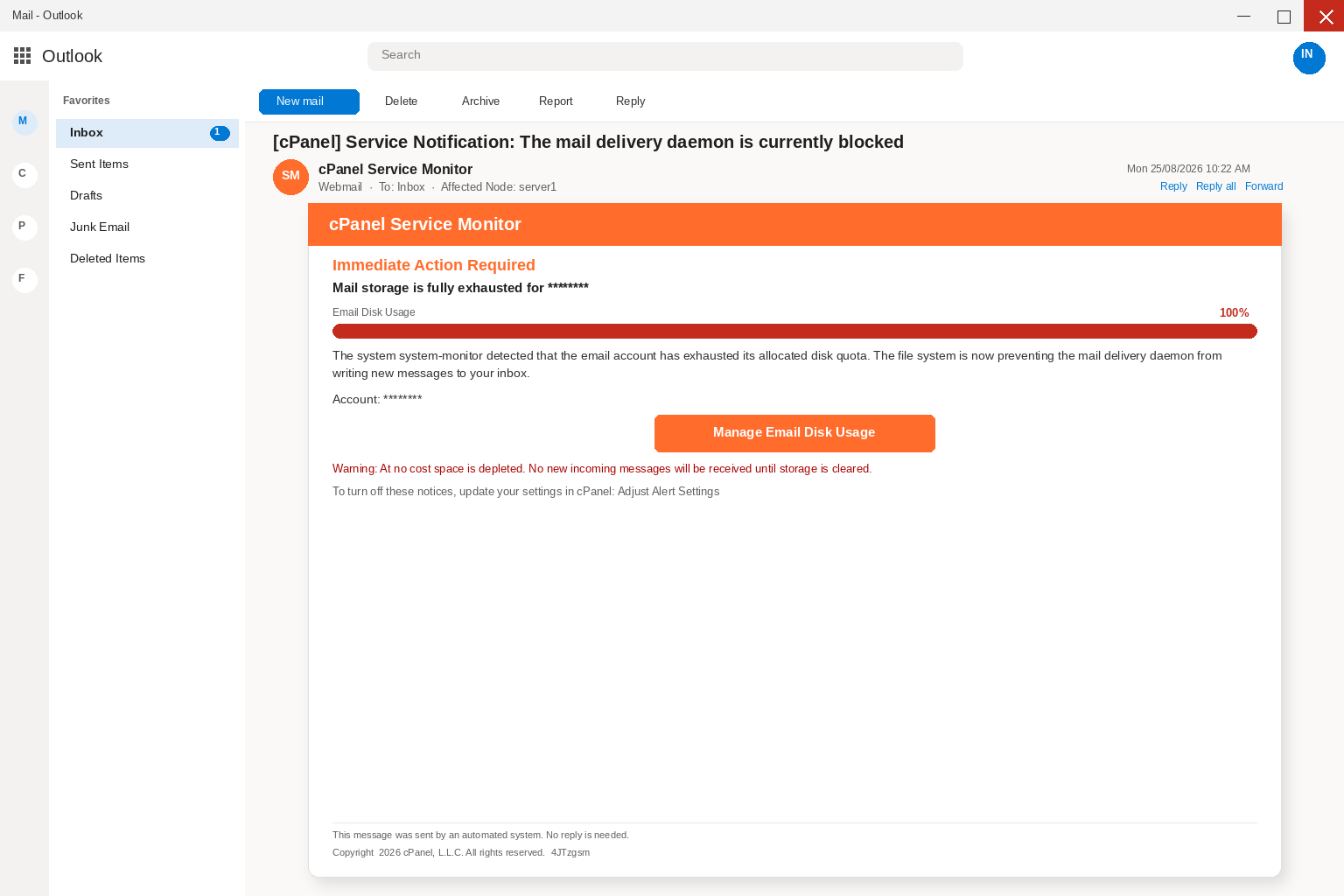 cPanel Disk Quota Email EXPOSED: Fake Storage Alerts Steal Logins 1 Outlook view of a cPanel service notification that mail storage is exhausted, with a Manage Email Disk Usage button and a full quota bar