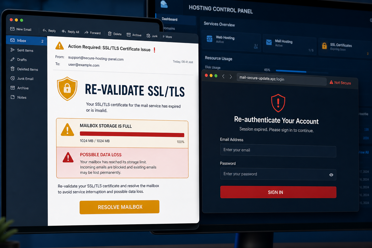 cPanel Re-validate SSL/TLS Email Scam: The Full Mailbox Warning Is Fake 1 Fake cPanel SSL/TLS storage warning leading to a counterfeit email login