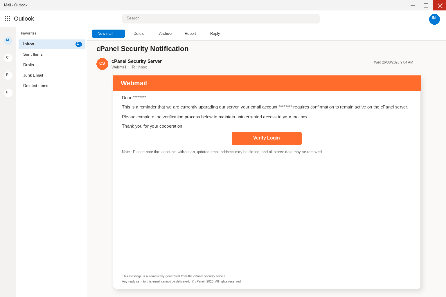 Outlook view of a cPanel Security Notification email with a Verify Login button during a claimed server upgrade