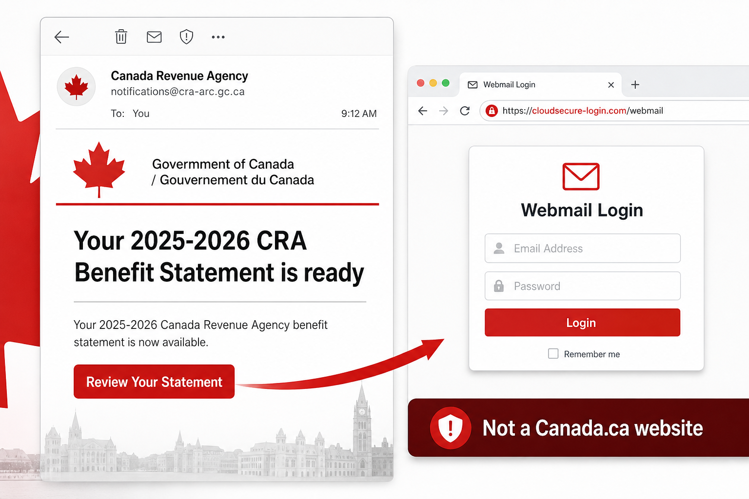 CRA Benefit Statement Email Scam: How the Fake Government Notice Steals Passwords 1 Fake CRA benefit statement email leading to a fraudulent webmail login