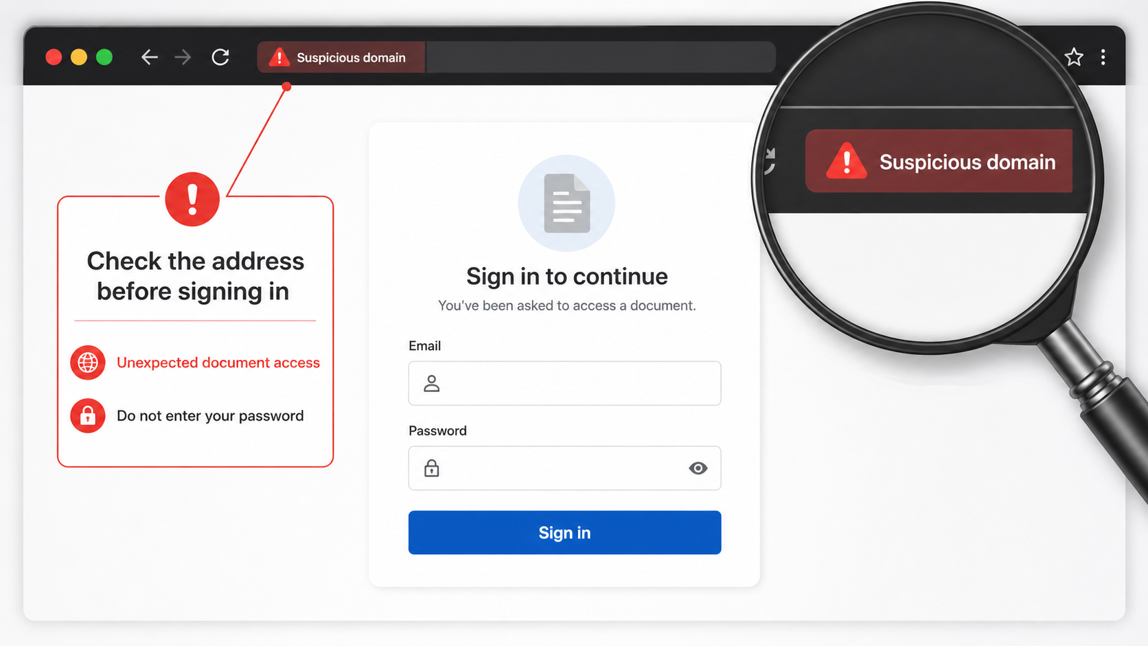 Editorial illustration warning readers to inspect a suspicious domain before entering credentials on an unexpected sign-in page