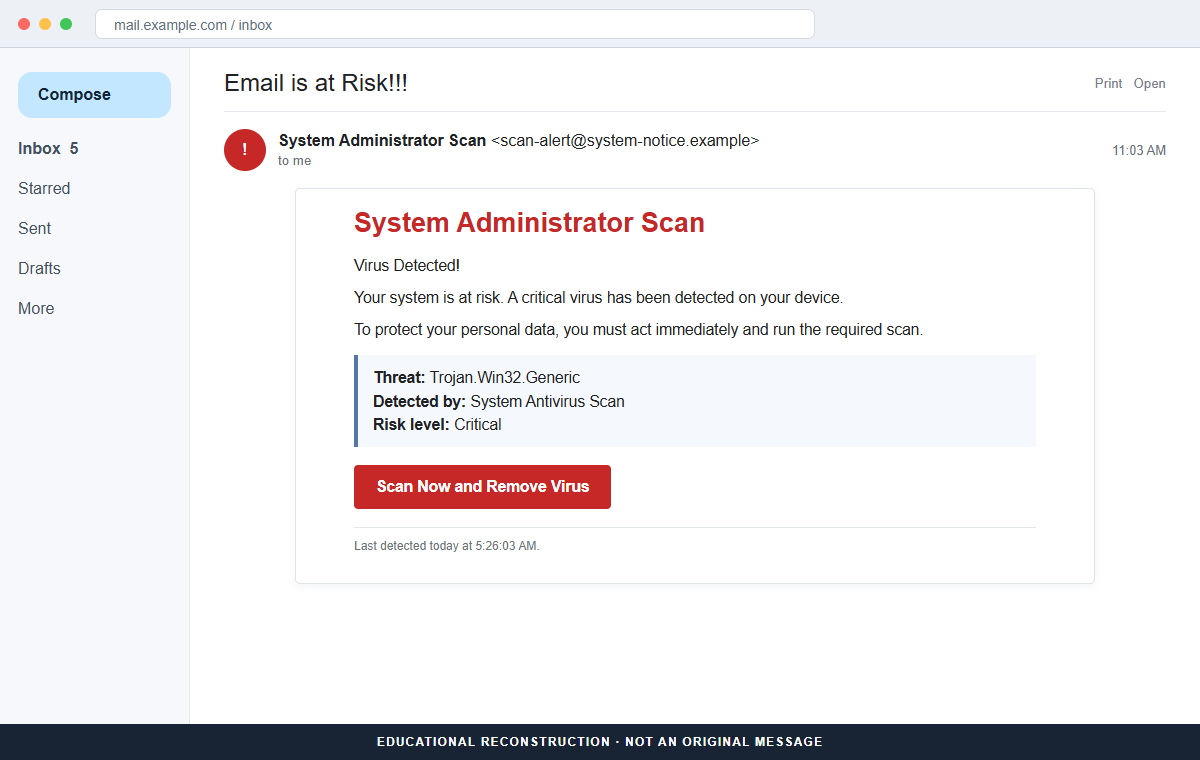 Reconstruction of the Critical Virus Detected email scam naming Trojan.Win32.Generic