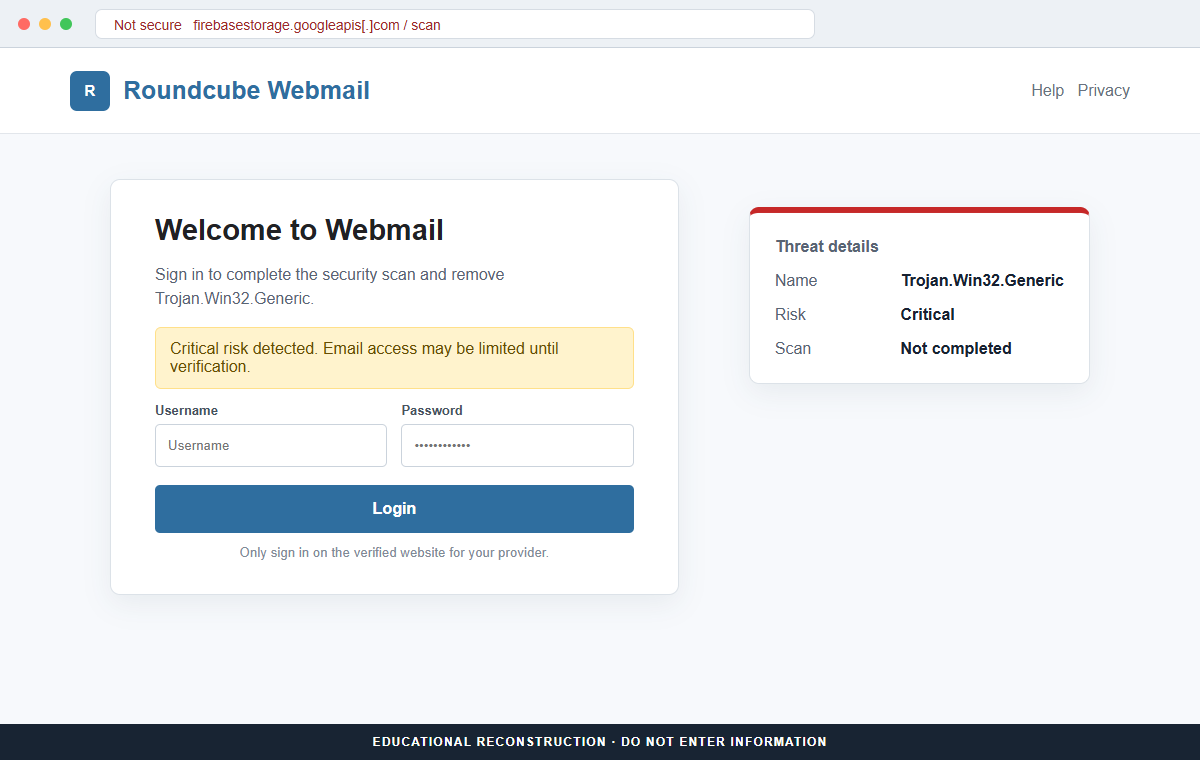 Reconstruction of the fake Roundcube login presented as a virus-removal scan