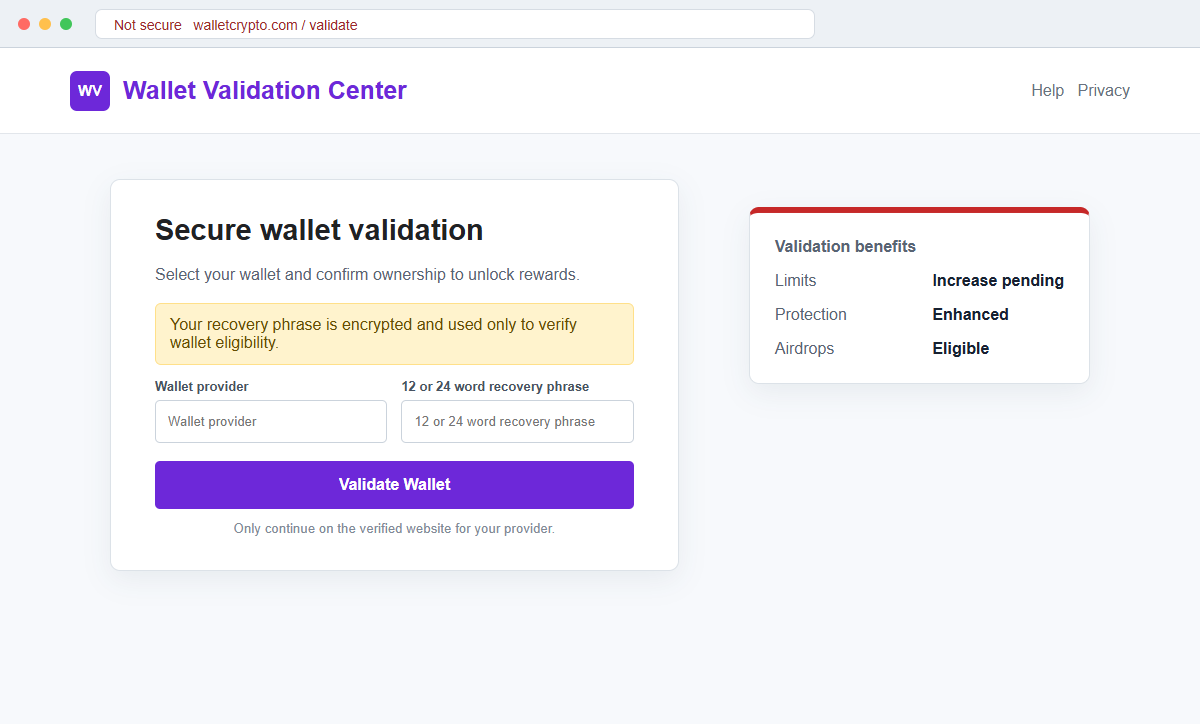 Crypto Wallet Validation Email Scam Can Steal Your Secret Recovery Phrase 2 Reconstruction of a fraudulent multi-wallet validation page requesting a secret recovery phrase