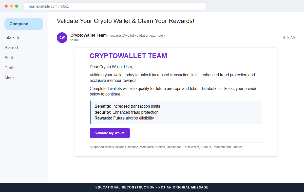 Crypto Wallet Validation Email Scam Can Steal Your Secret Recovery Phrase 1 Reconstruction of a Crypto Wallet Validation phishing email offering rewards and higher transaction limits
