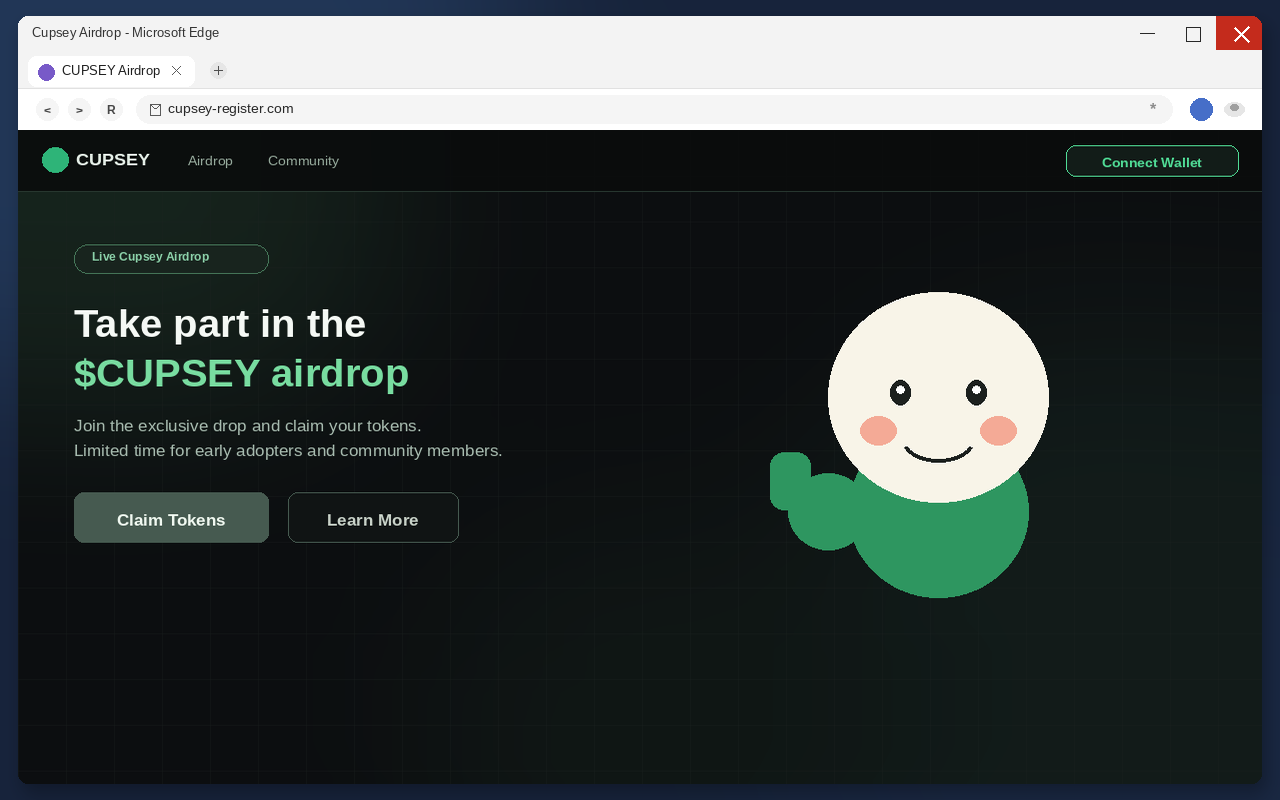 Fake Cupsey airdrop claim page with Claim Tokens and Connect Wallet