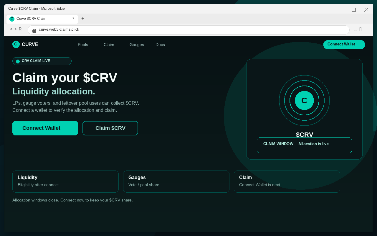 Fake Curve airdrop claim page with Connect Wallet
