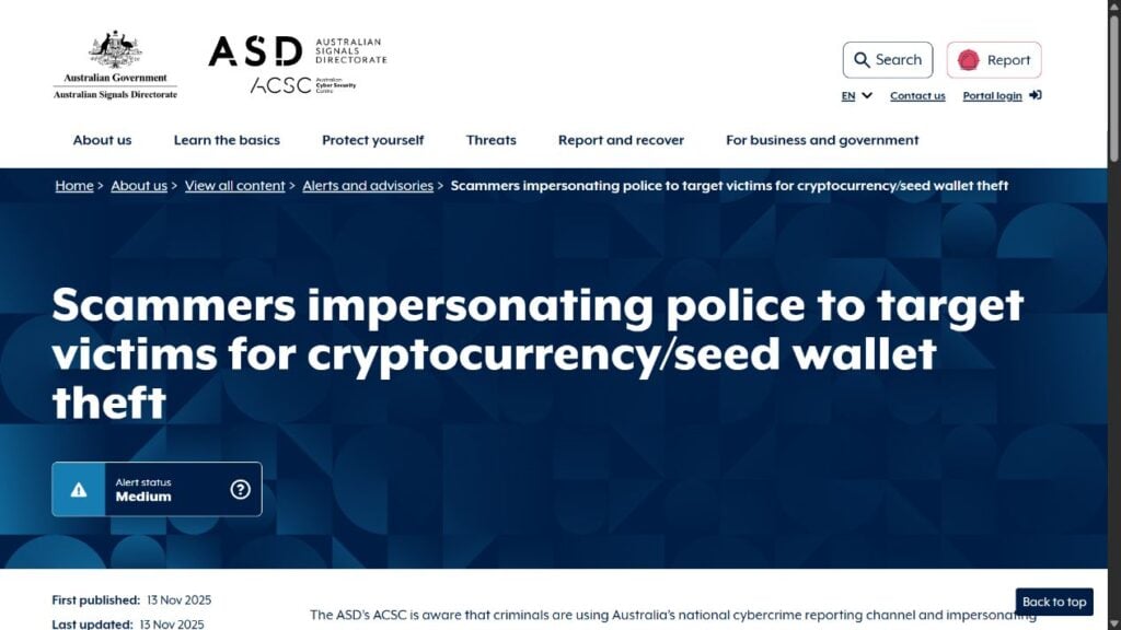 Cyber.gov.au warning about scammers impersonating police to steal cryptocurrency and wallet seed phrases