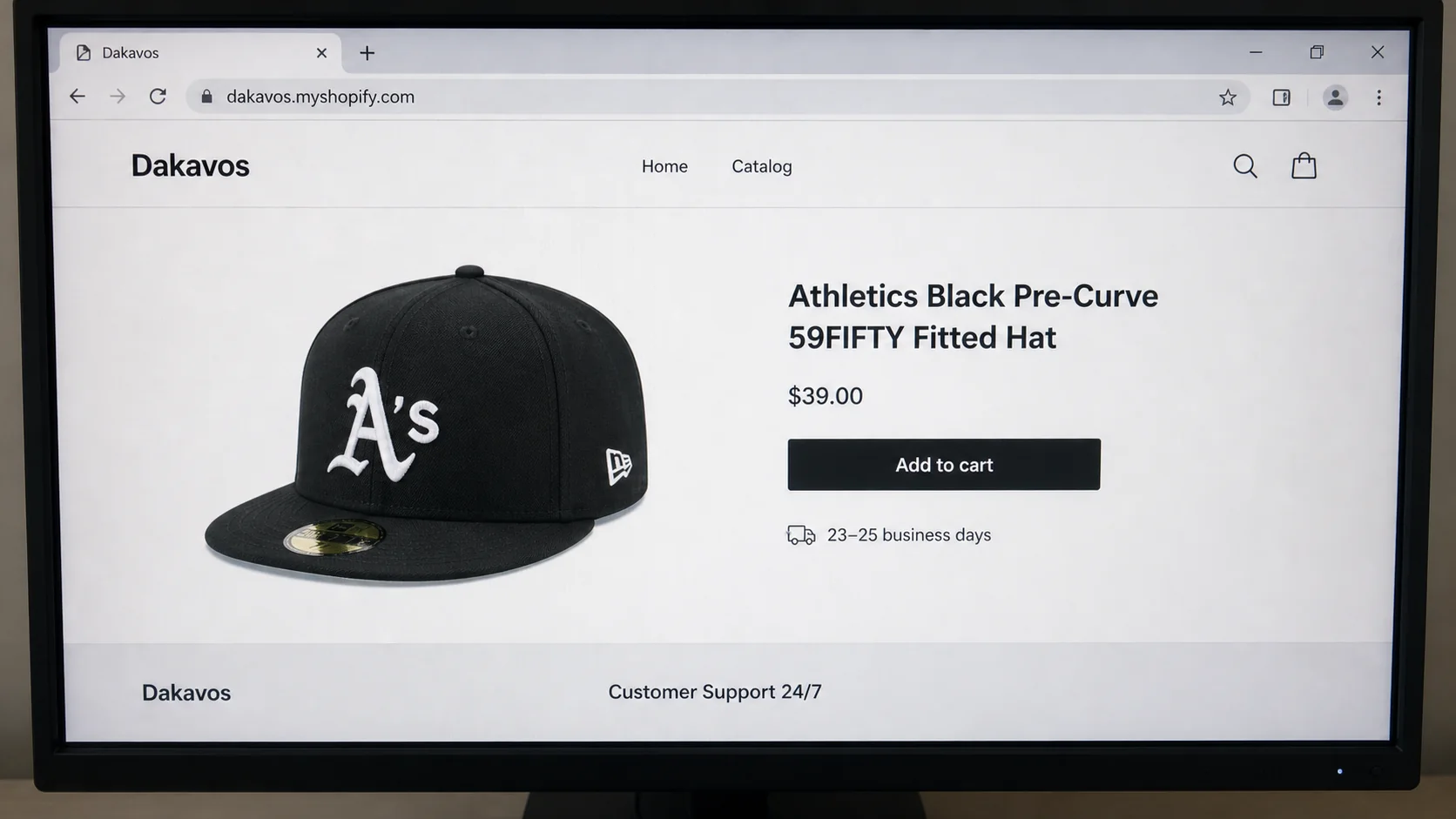 Dakavos Scam Ships a Package Somewhere Else 1 Dakavos Shopify store screen offering a fitted baseball cap for $39