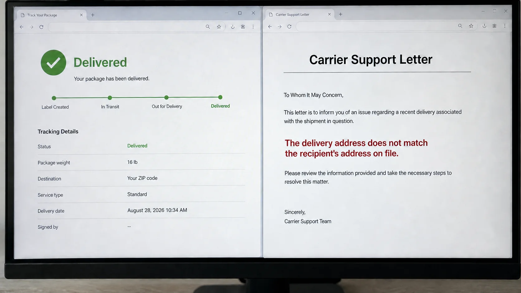 Dakavos Scam Ships a Package Somewhere Else 2 Tracking screen marked delivered beside a carrier letter confirming the delivery address did not match