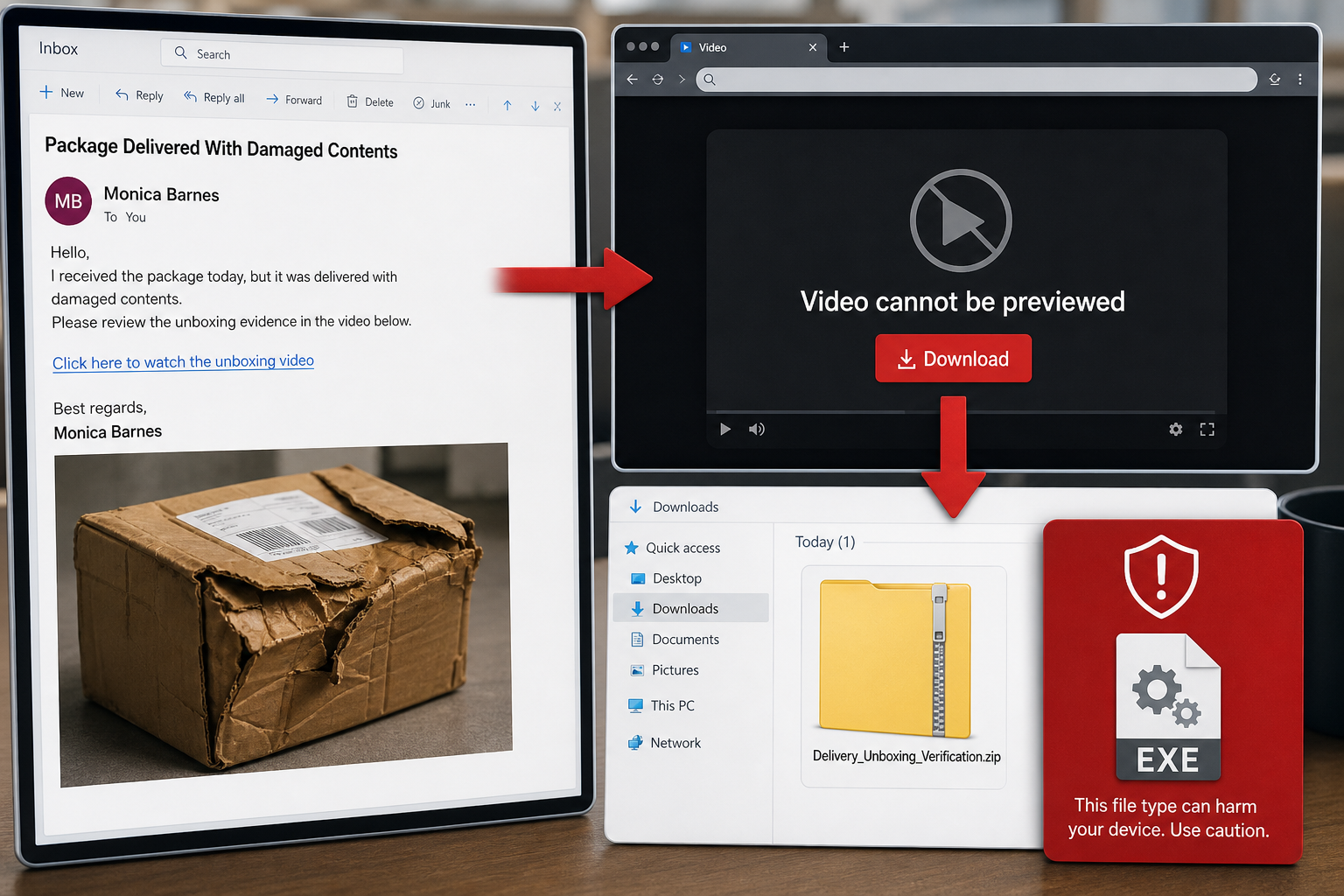 Damaged Package email downloading a malicious ZIP archive and executable
