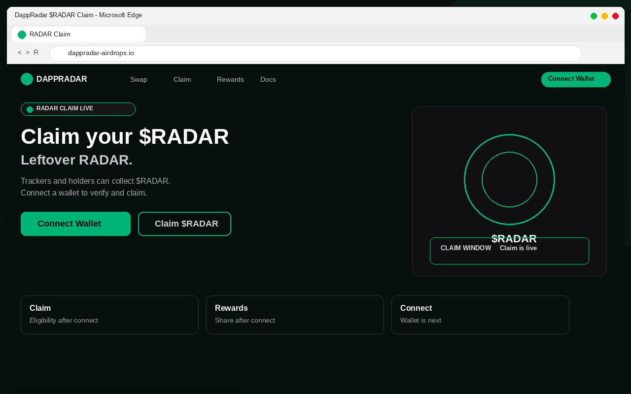 DappRadar Airdrop EXPOSED: Fake $RADAR Claim Pages Drain Wallets 1 Fake DappRadar $RADAR airdrop claim page with Connect Wallet