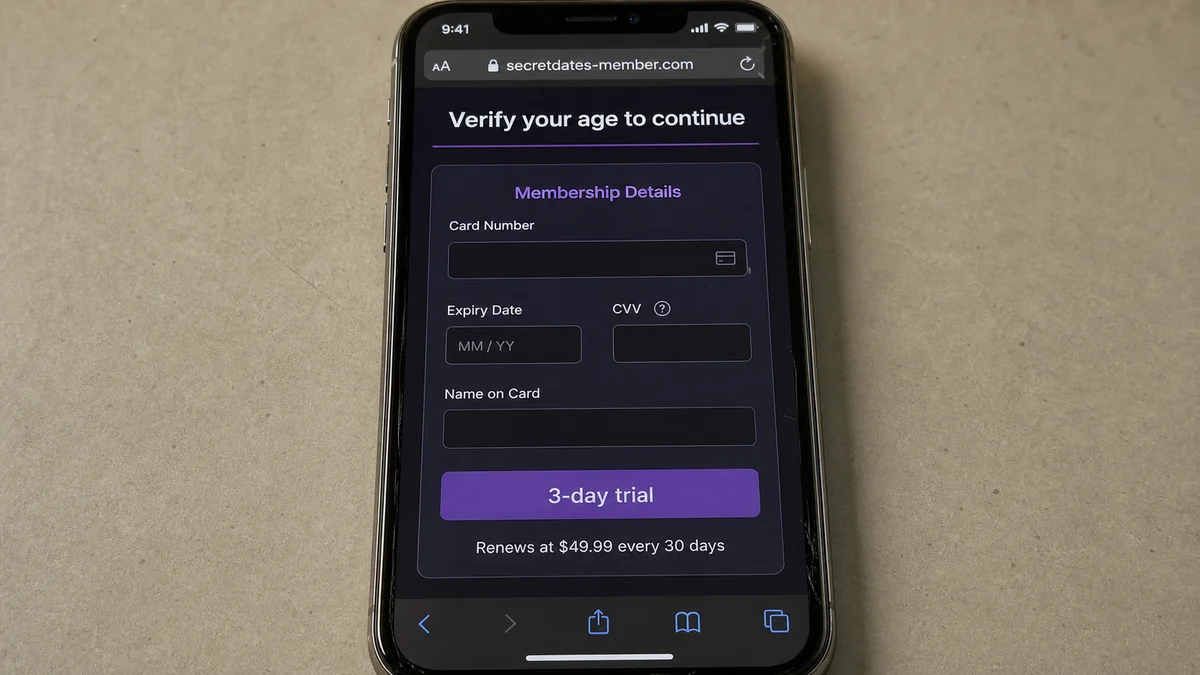 Realistic reconstruction of a dating site age-verification paywall with recurring subscription fine print