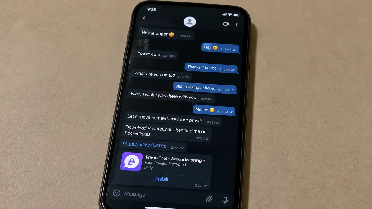 Realistic reconstruction of a flirtatious chat redirecting the recipient to another app and dating site