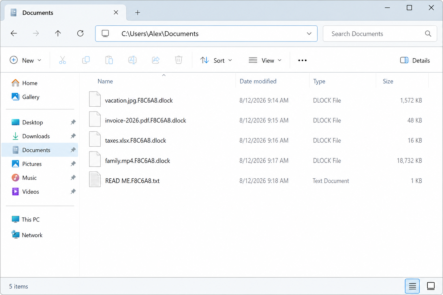 Encrypted files after DeadLock. The .dlock names and READ ME note are the tell.