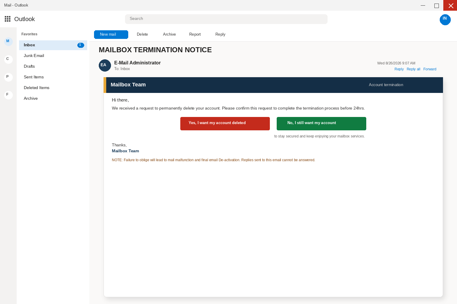 Permanently Delete Account Email EXPOSED: Fake Mailbox Termination Steals Logins 1 Outlook view of a MAILBOX TERMINATION NOTICE email with Keep and Delete account buttons