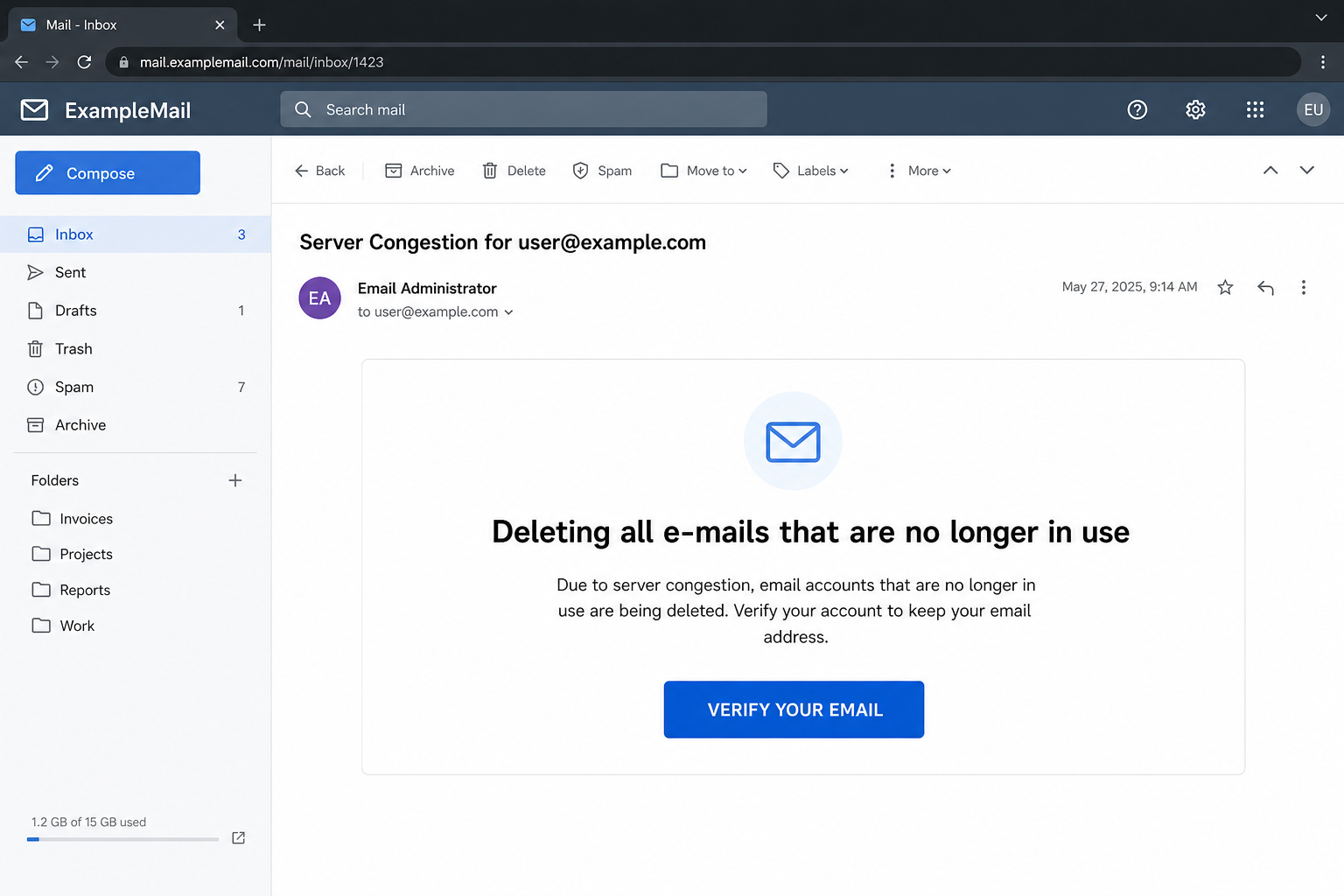 Reconstructed Deleting All E-mails No Longer in Use phishing email