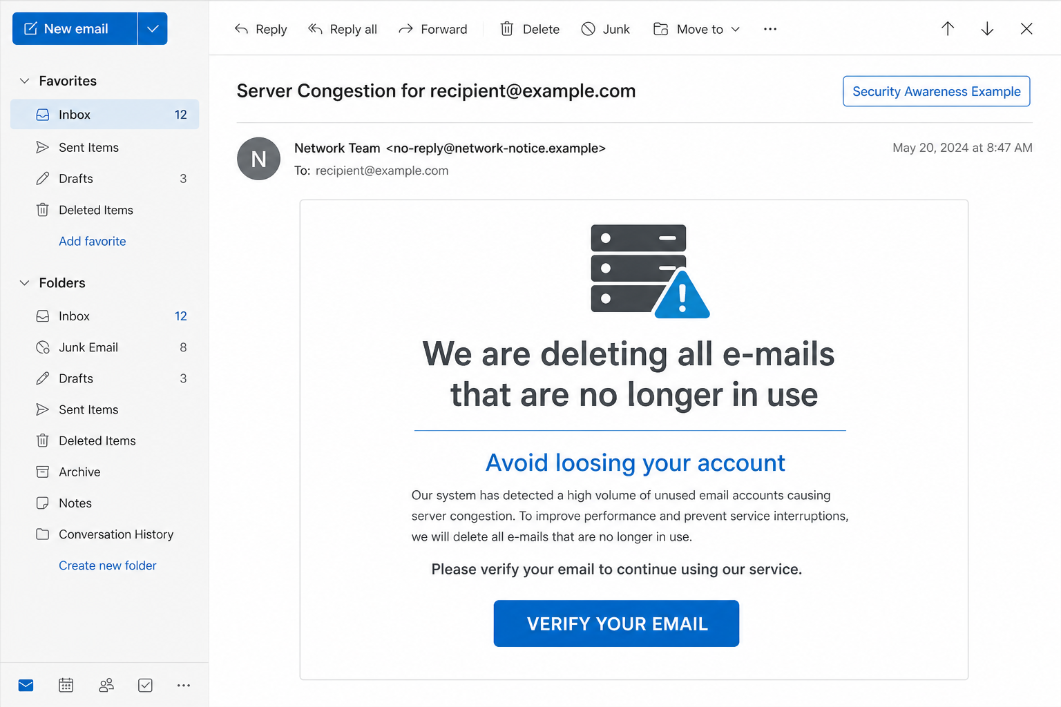 Reconstruction of a server congestion email threatening account deletion