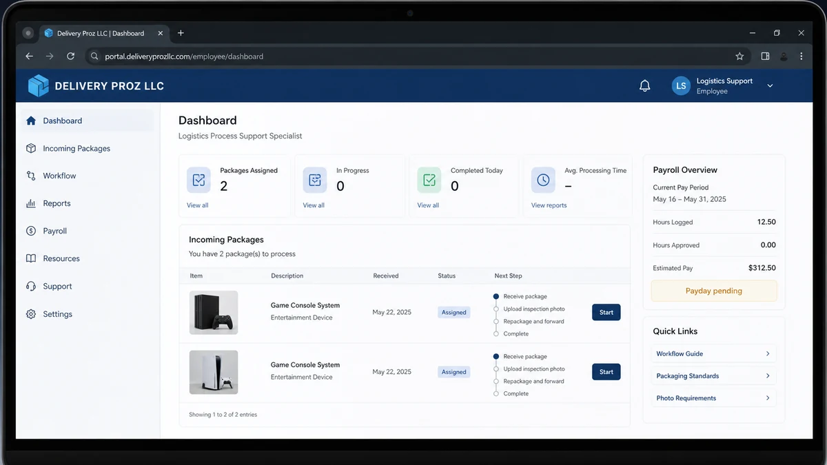 Realistic reconstruction of a Delivery Proz package dashboard assigning game consoles to receive photograph repackage and forward