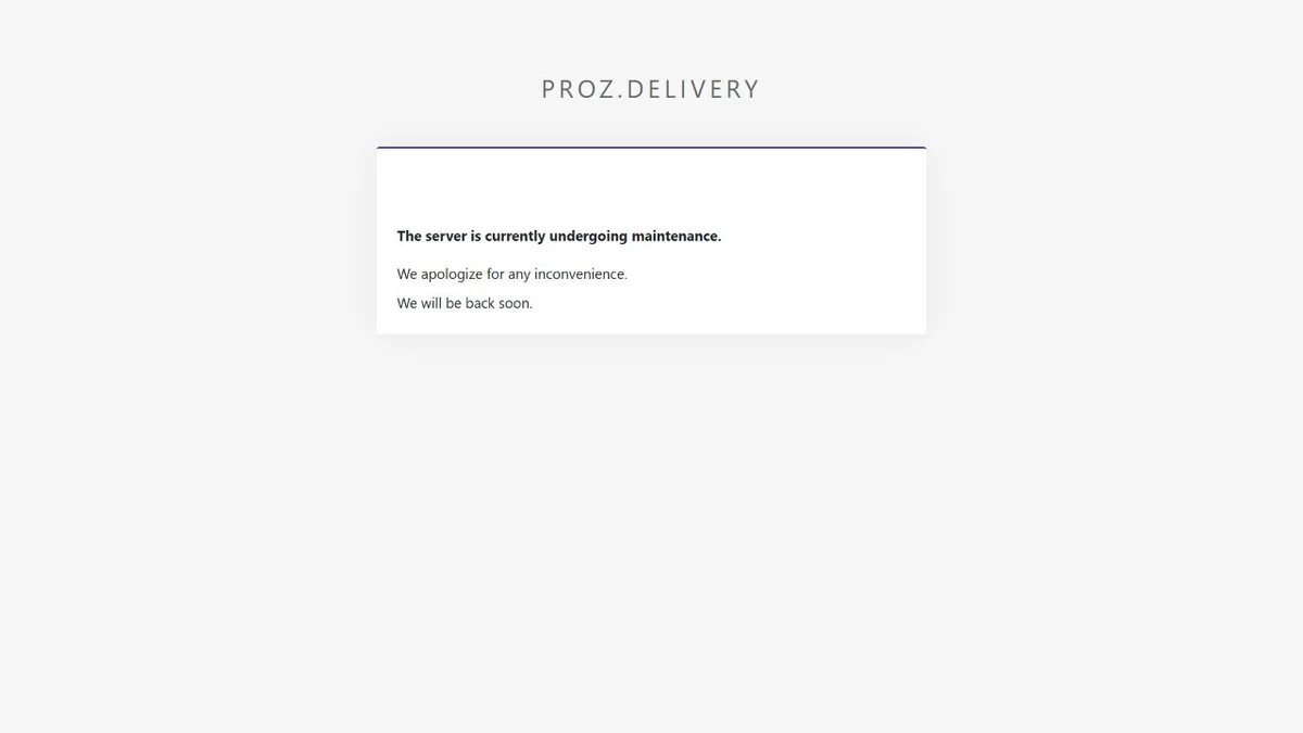 Authentic screenshot of the proz.delivery portal showing a maintenance message after previously exposing an employee registration form