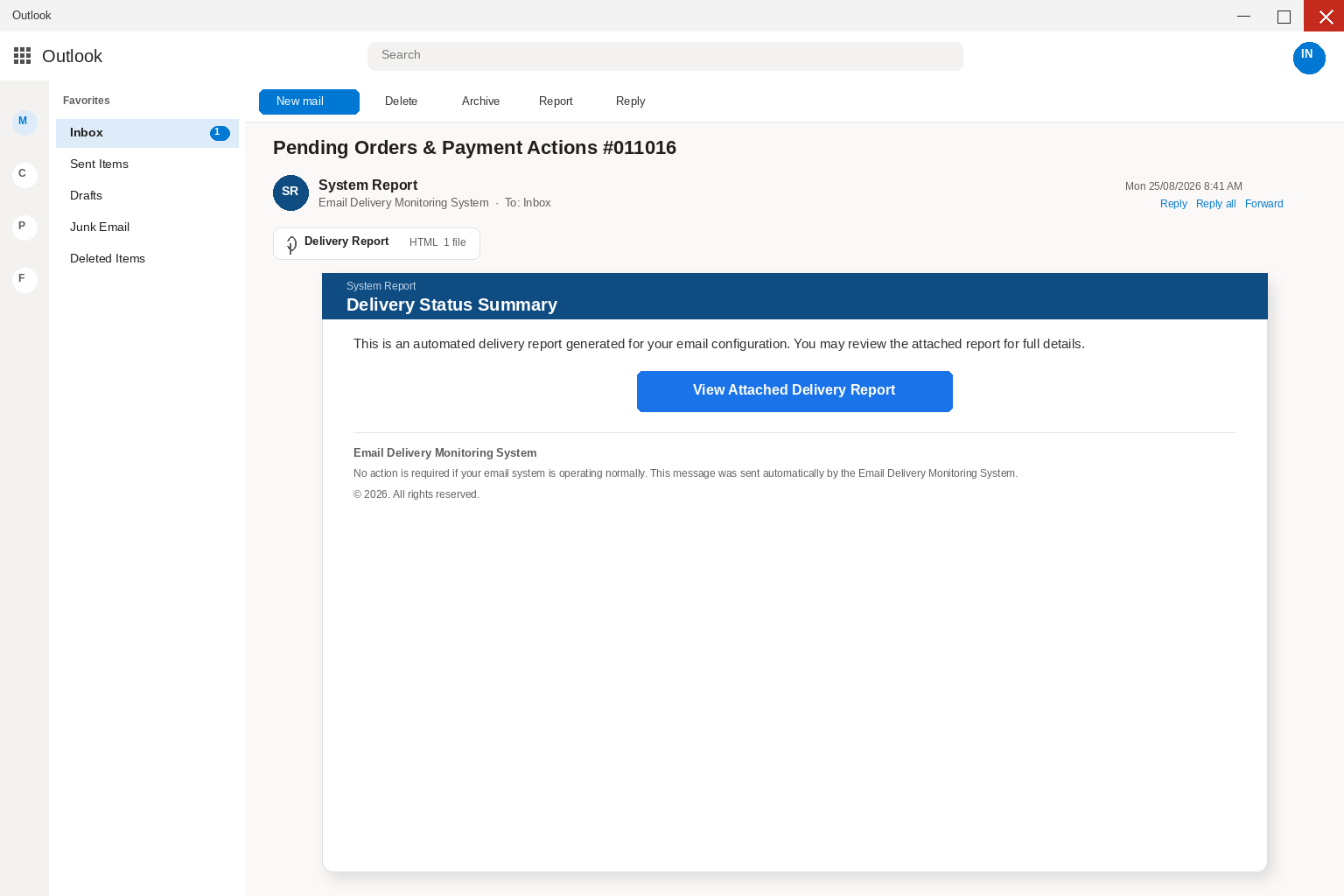 Delivery Status Summary Email EXPOSED: Fake Delivery Reports Steal Logins 1 Outlook view of a Delivery Status Summary email with a View Attached Delivery Report button and an HTML attachment