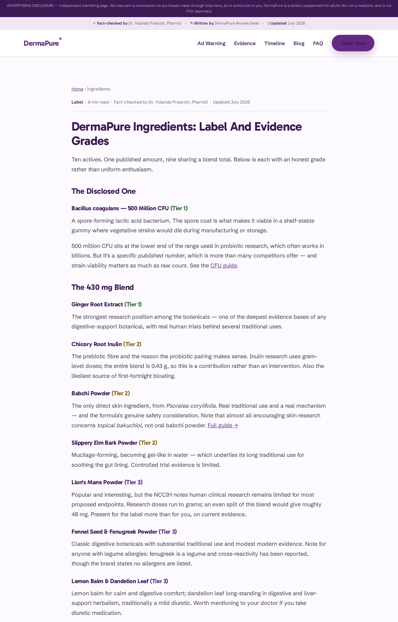 Derma Pure ingredient page showing 500 million CFU and nine botanicals sharing a 430 mg blend