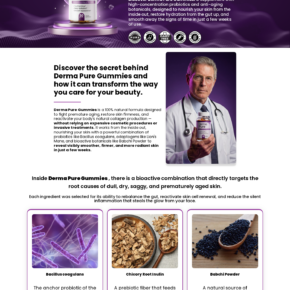 Derma Pure skin gummies sales page displaying anti-aging claims and package prices