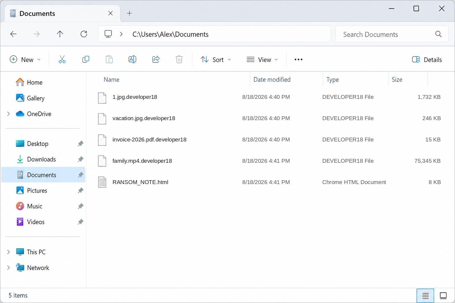Encrypted files after Developer. The .developer18 names and RANSOM_NOTE.html are the tell.