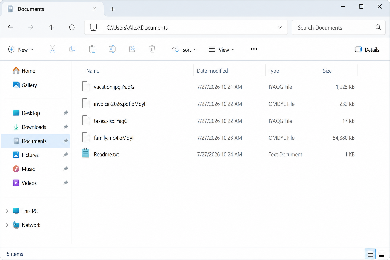 Encrypted files after Devill. The random five-letter endings and Readme.txt are the tell.