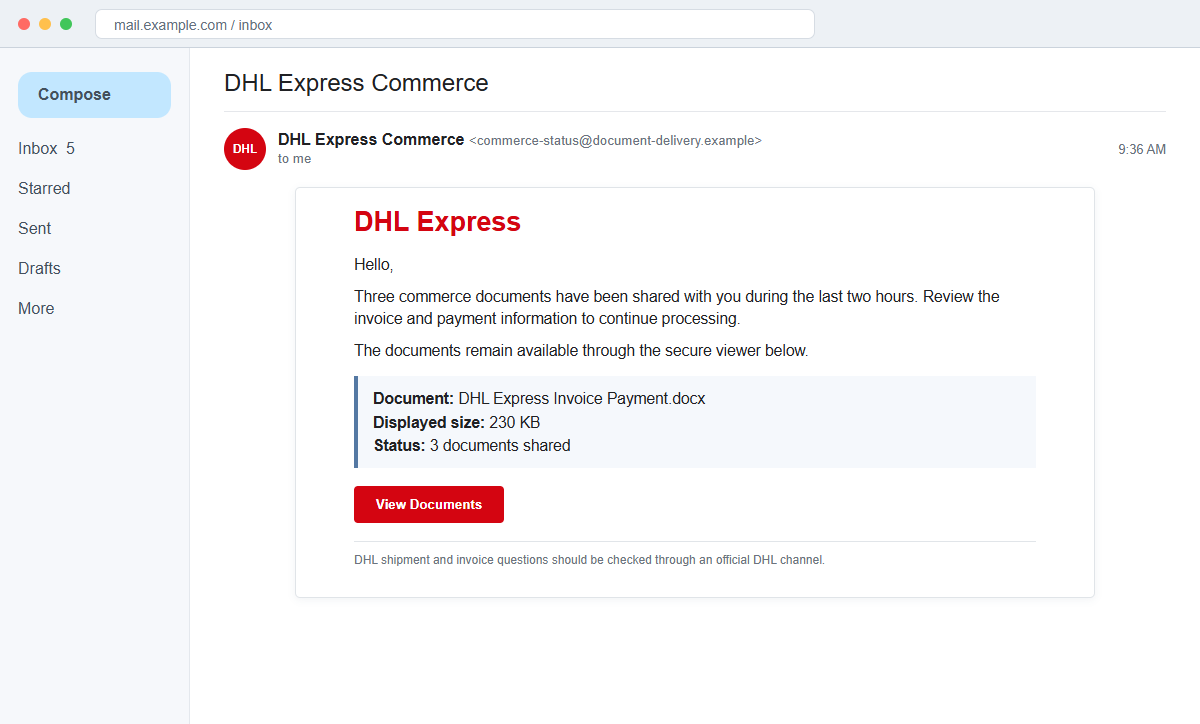 DHL Express Commerce Email Scam Can Steal Your Business Email Password 1 Reconstruction of the DHL Express Commerce document-sharing email
