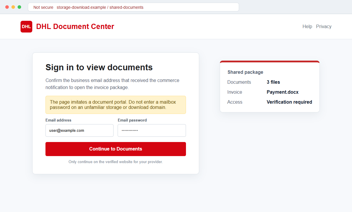 DHL Express Commerce Email Scam Can Steal Your Business Email Password 2 Reconstruction of a fake DHL document portal requesting email credentials