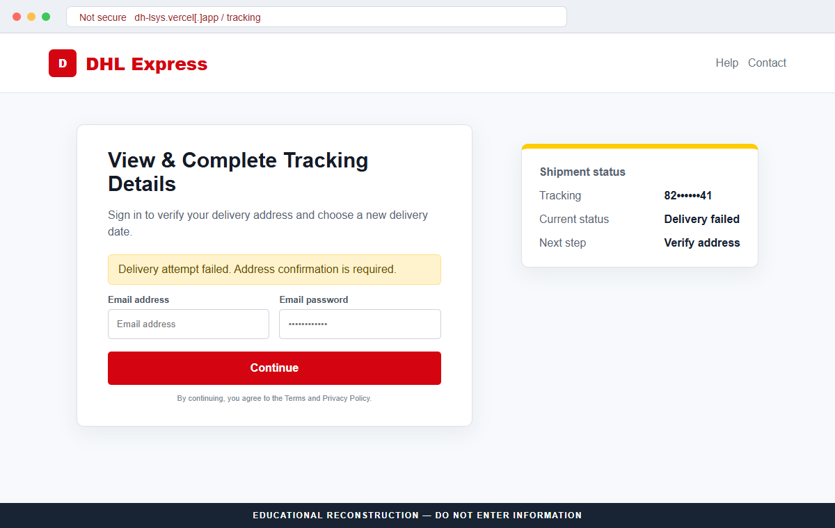 Reconstruction of a fake DHL tracking page requesting an email address and email password