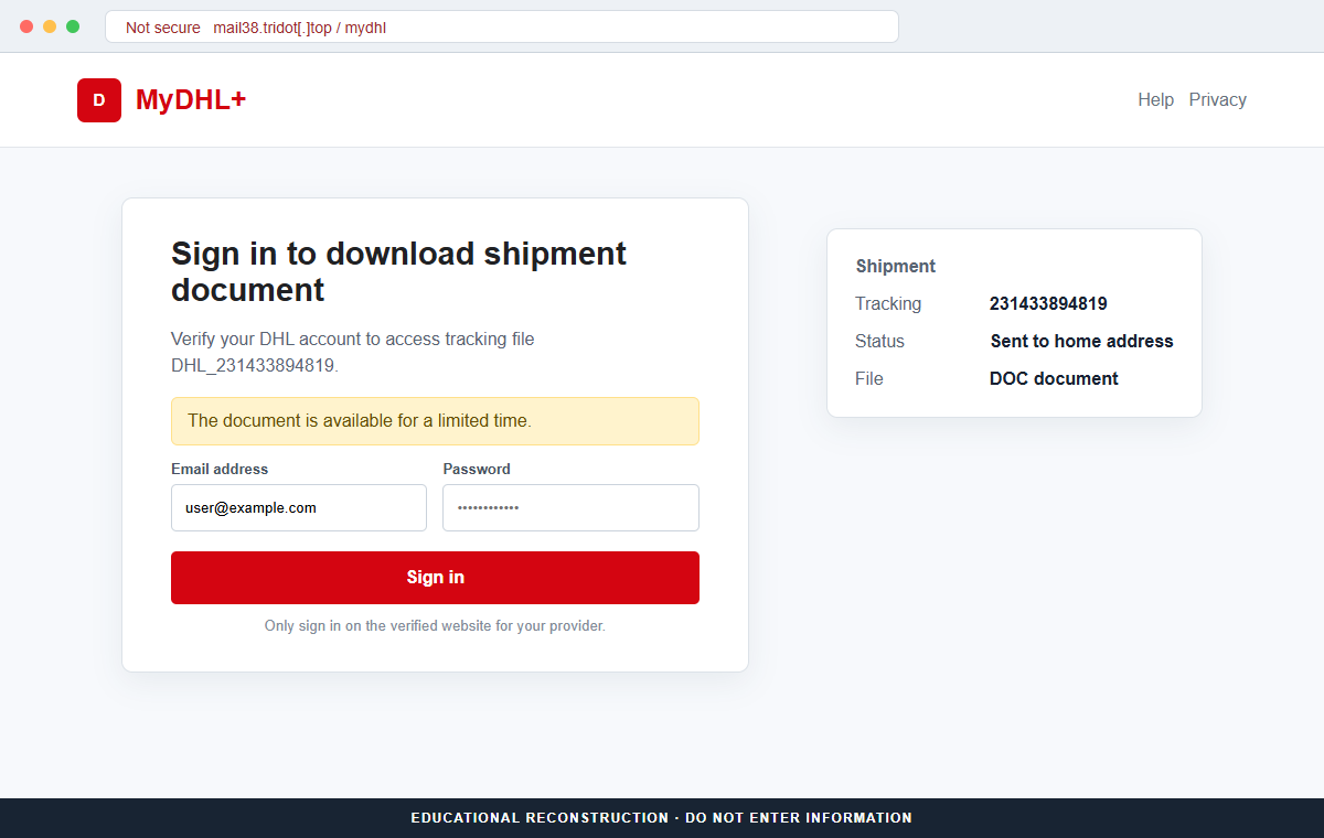 Reconstruction of the fake MyDHL login on mail38.tridot.top used to steal DHL credentials