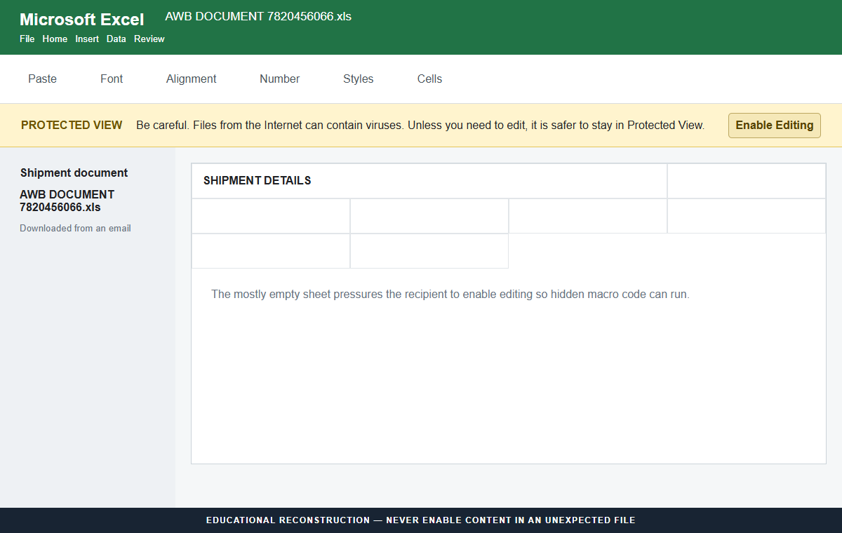 Reconstruction of the empty Excel shipment document asking the user to enable editing