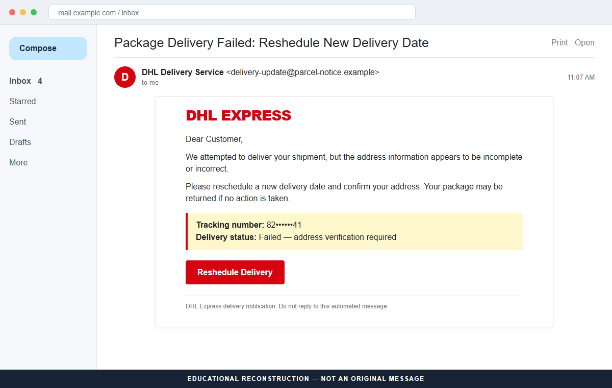 Reconstruction of the DHL Package Delivery Failed email scam with a misspelled reschedule button
