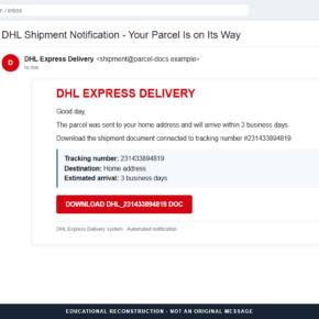 Reconstruction of the DHL parcel sent to your home address email scam with tracking number 231433894819