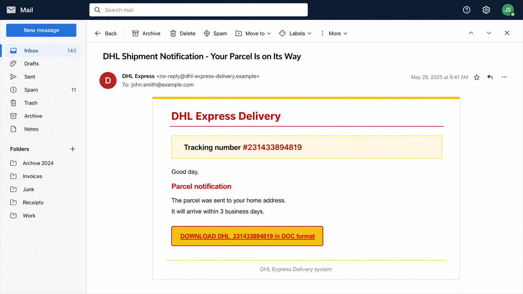 Reconstructed DHL Parcel Sent to Your Home phishing email