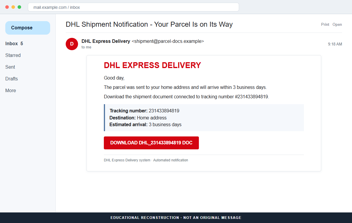 Reconstruction of the DHL parcel sent to your home address email scam with tracking number 231433894819