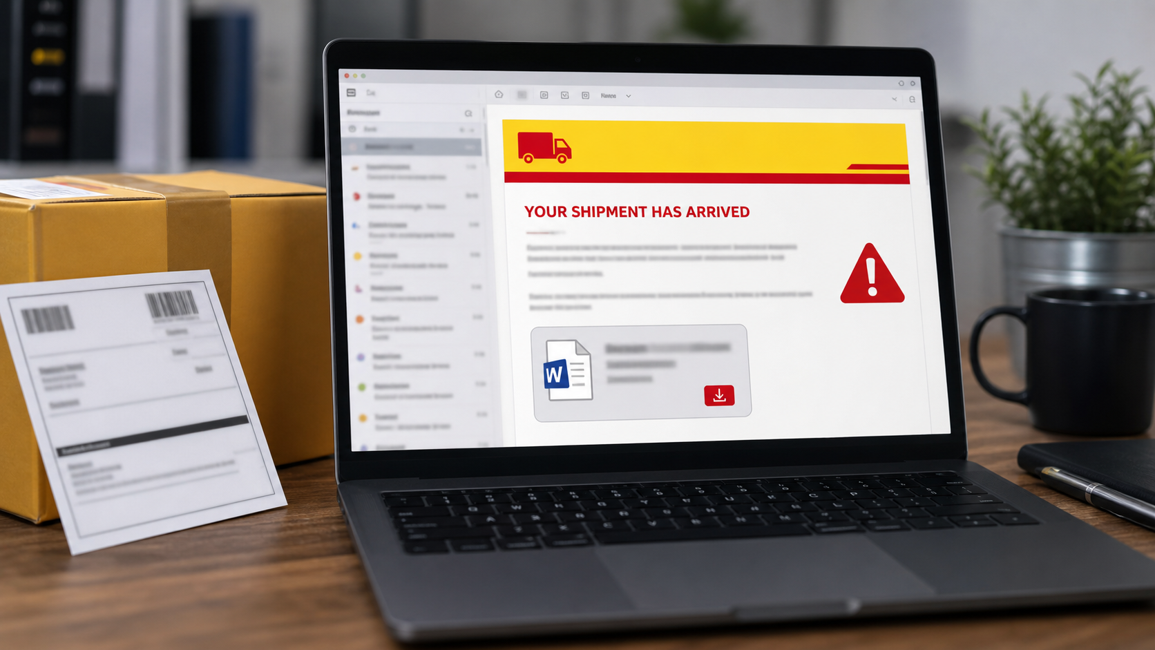 Fake DHL shipment-arrived email with a malicious document attachment