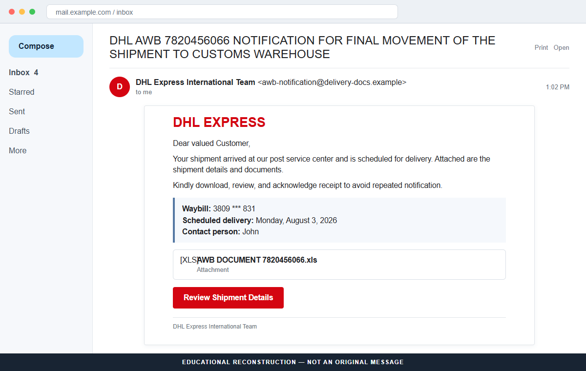 Reconstruction of the DHL Shipment Arrived email scam with a malicious Excel attachment