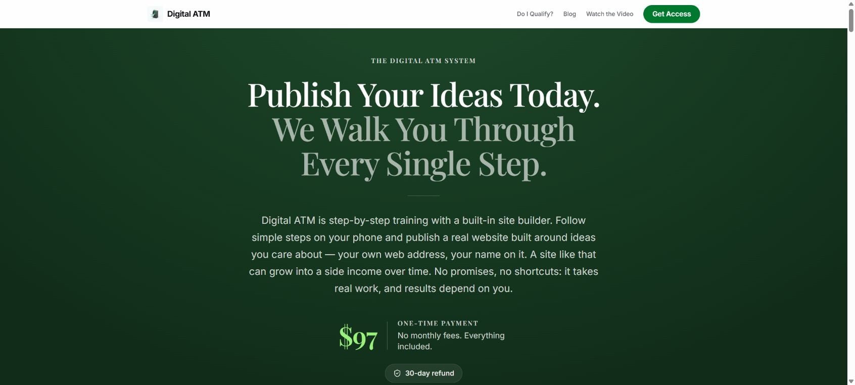 Digital ATM System website selling a website-building training product for $97