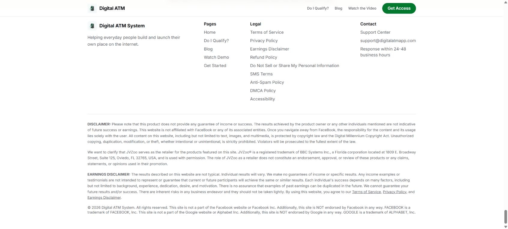 Digital ATM System earnings disclaimer saying income and success are not guaranteed