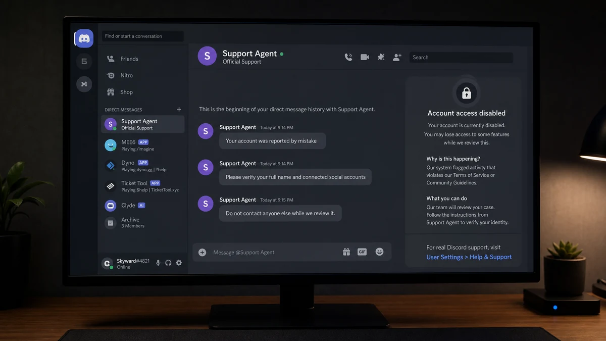 Discord False Report Scam Poses as Support Staff 2 Realistic reconstruction of a fake Discord support chat requesting identity details after a false report claim