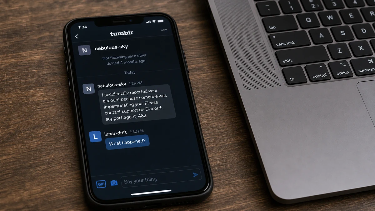 Discord False Report Scam Poses as Support Staff 1 Realistic reconstruction of a Tumblr message claiming an account was accidentally reported and directing the target to Discord