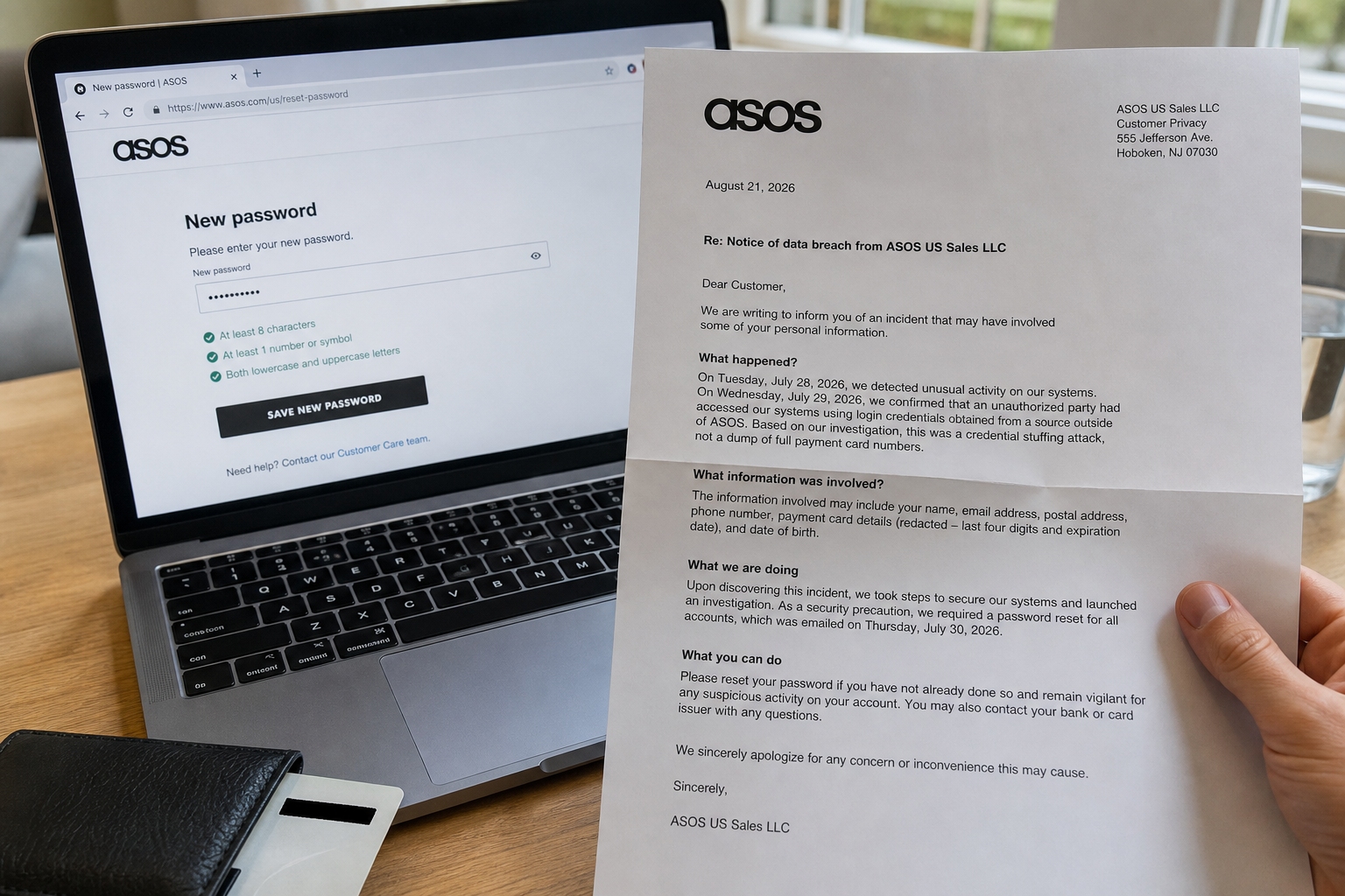 ASOS US reported a customer data breach. Freeze credit now 1 Laptop on a home desk showing ASOS account password reset screen beside an opened August 2026 breach notice letter