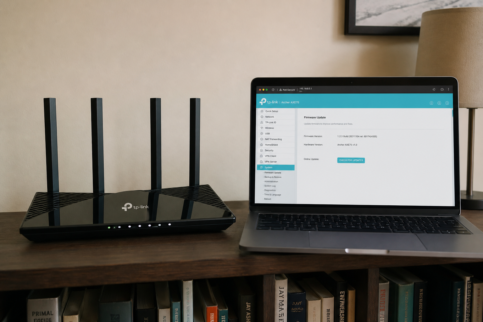Your Archer AXE75 can take a crafted VPN file. Install 1.5.6 1 TP-Link Archer AXE75 router on a desk next to a laptop showing Firmware Update