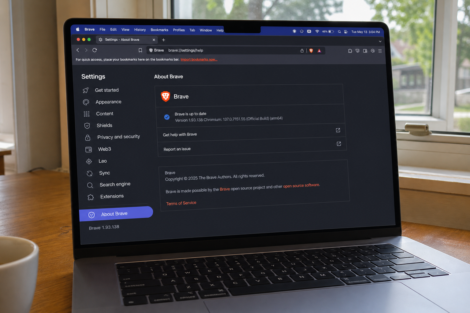 Laptop About Brave page showing Brave 1.93.138 on brave://settings/help